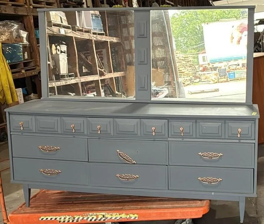 Painted Wooden 9 Drawer Dresser W/Mirror.