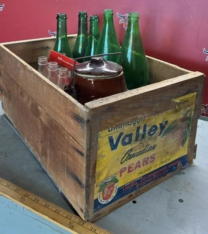 Wooden Crate of Asst. Bottles & Pickle Crock.