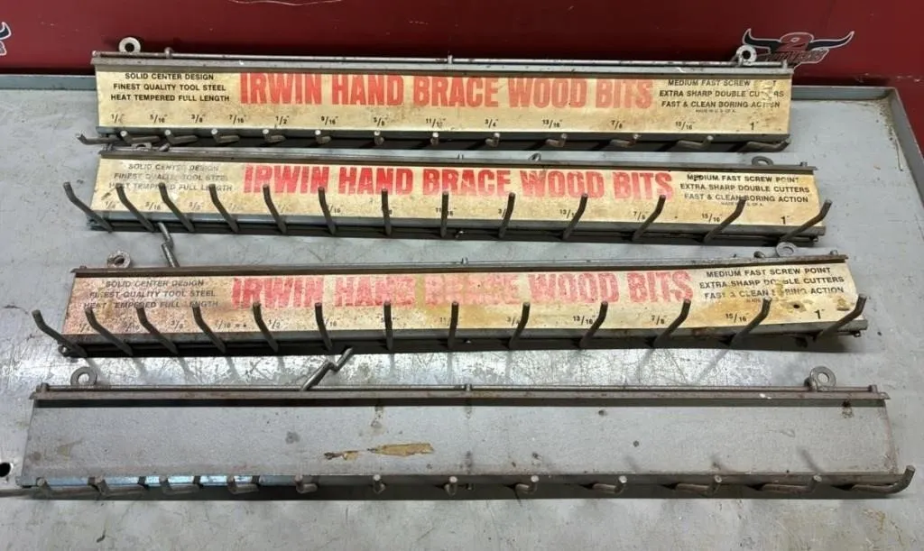 4 Vintage Irwin Hand Brace Wood Bit Racks.