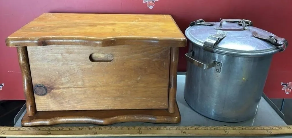 Wooden Breadbox & Vintage Waterless Cooker.