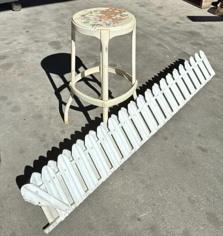 Decorative little metal fence 59�W & Metal Stool.