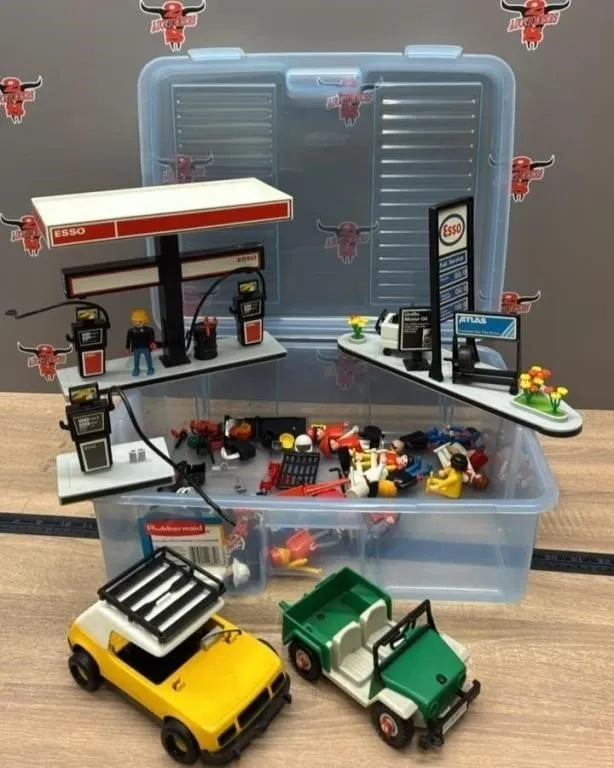 Playmobil Esso Station & Asst. People/Vehicles.