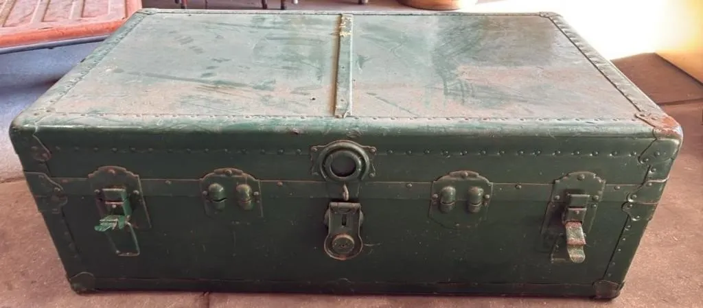 Steamer Chest W/Vintage Sports Equipment.