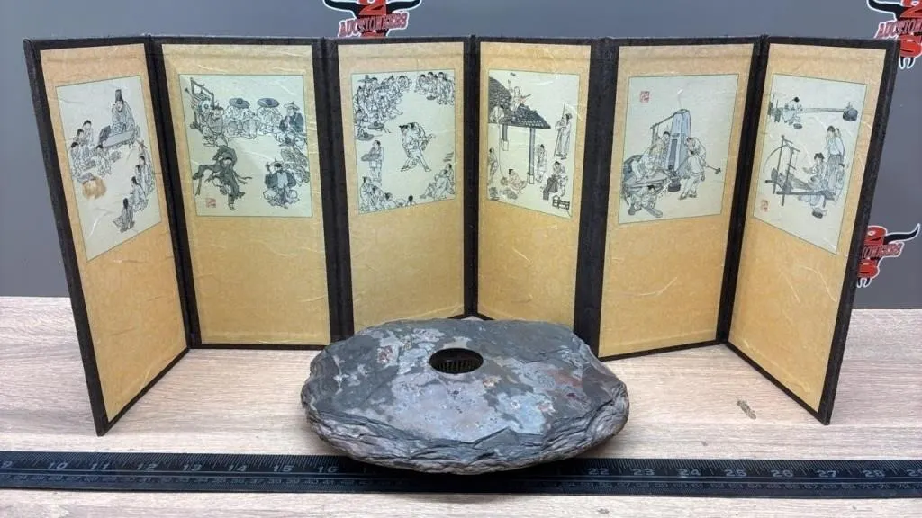Folding Korean Drawings & Stone Flower Frog.