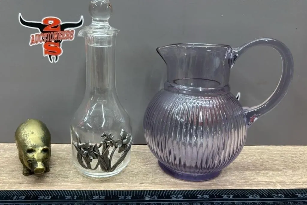 6� Glass Pitcher, Metal Pig Etc. *NO SHIPPING