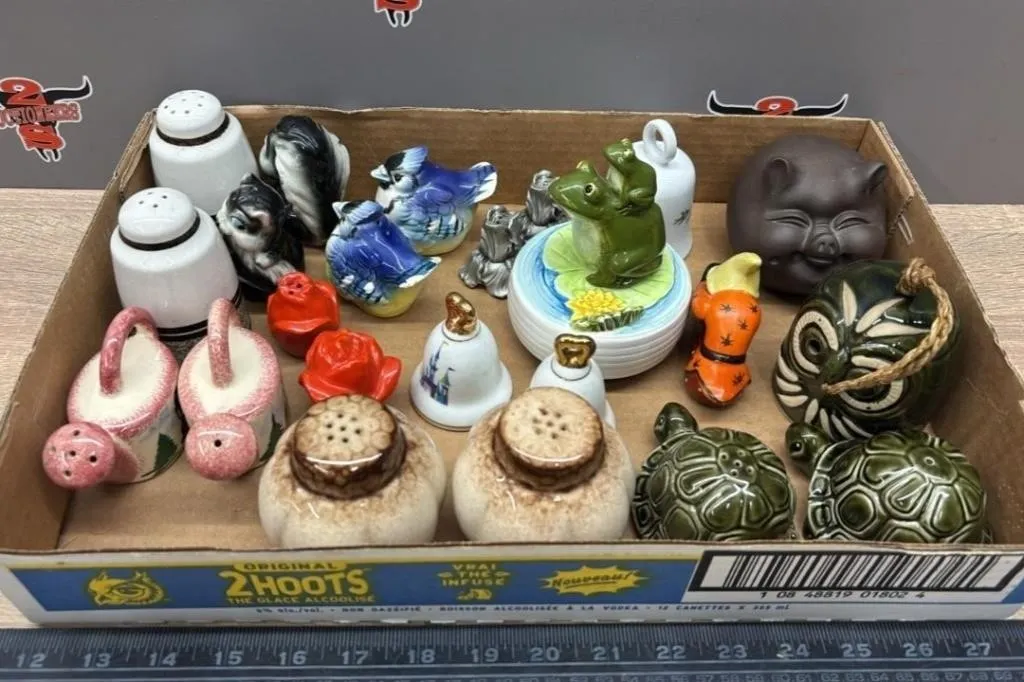 Tray of Asst. Pepper & Salt Shakers, Bells Etc.
