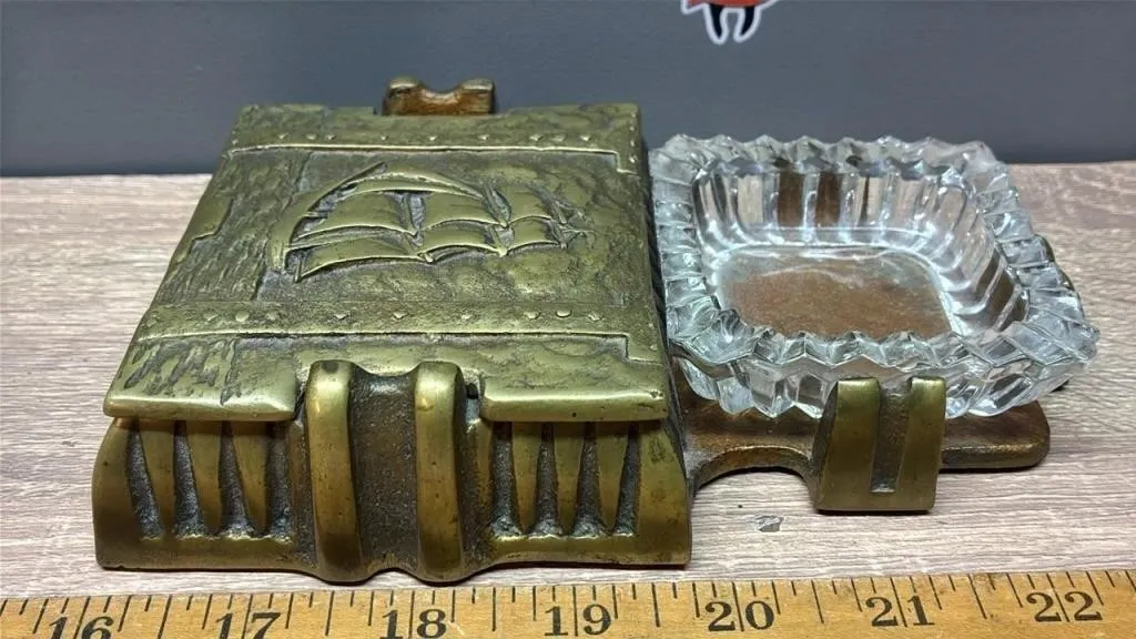 Cast Brass Cigarette Holder & Ashtray.