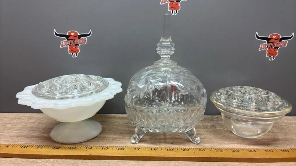 2 Flower Frogs W/Dishes & Lidded Crystal Dish.