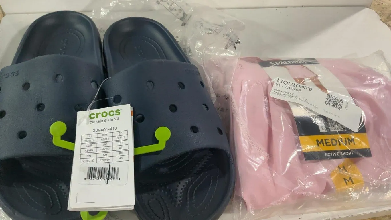 Mixed Lot Of Crocs Slides And Spalding Shorts