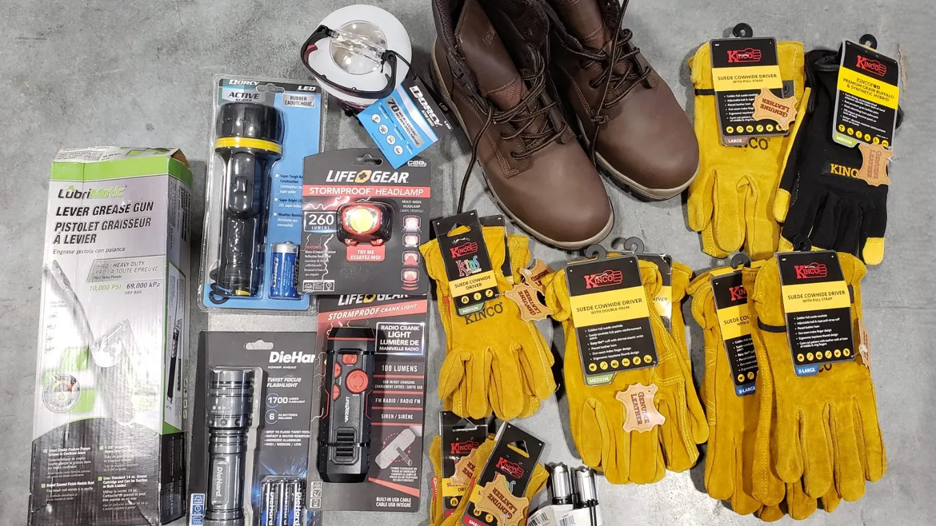 Mixed Work Gear & Tools to Include Work Boots, Gloves, Grease Gun