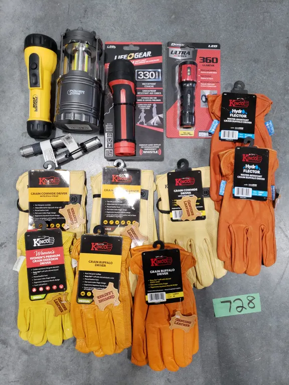 Various Flashlights & Leather Gloves