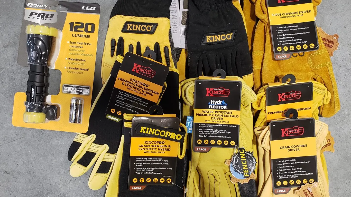 Assorted Kinco Work Gloves & Dorcy LED Flashlight
