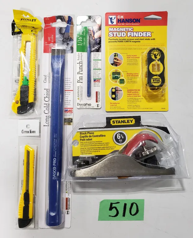 Assorted Tools to Include Stud Finder, Block Plane, Chisel