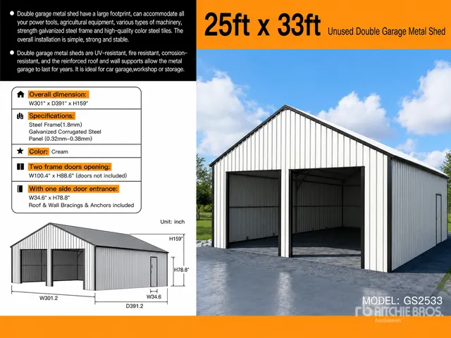 2026 Suihe GS2533 33 ft x 25 ft Double Garage Metal (Unused)