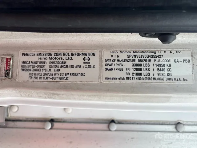 2016 Hino 338 4x2 Van Truck (Inoperable)