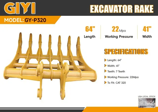 2026 GIYI GY-P320 Excavator Rake - Fits Cat 320 (Unused)