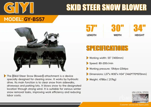 2026 GIYI GY-BS57 55 in Skid Steer Snowblower (Unused)