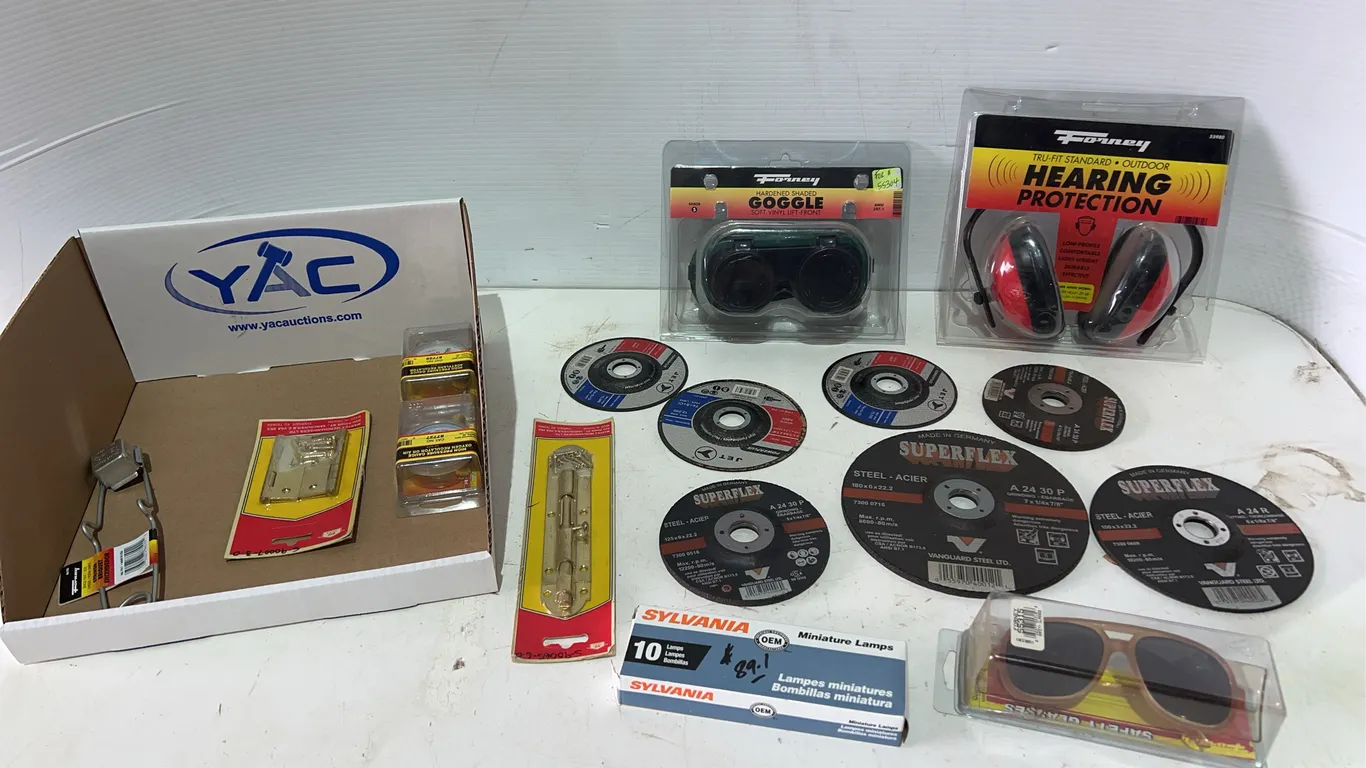 Assorted Hinges, Grinder Discs, Headphones, Goggles