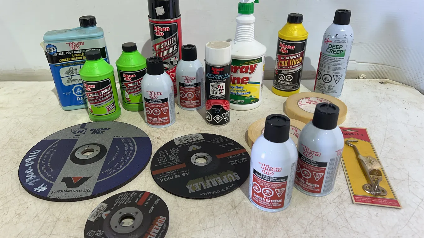 Box Of Misc. Automotive Chemicals, Grinder Discs, Tape