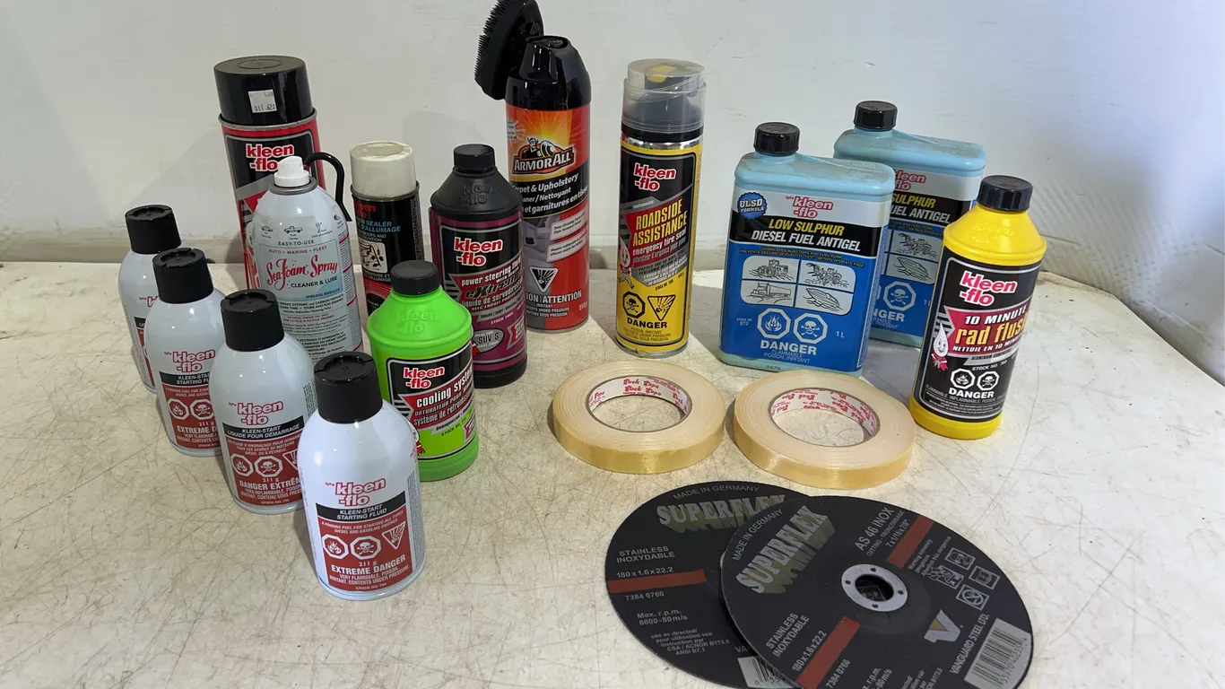 Box Of Misc. Automotive Chemicals, Grinder Discs, Tape