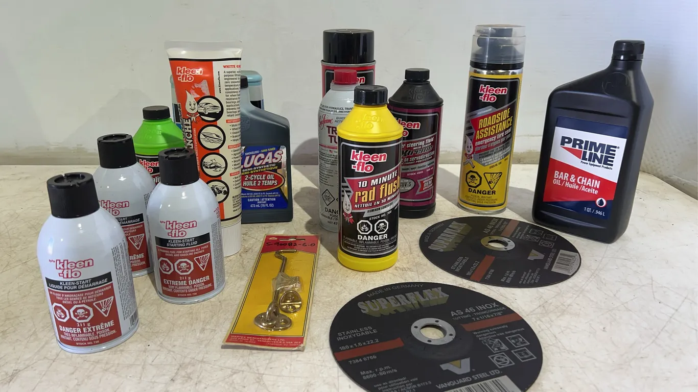 Box Of Misc. Automotive Chemicals, Grinder Discs, Gate Lock