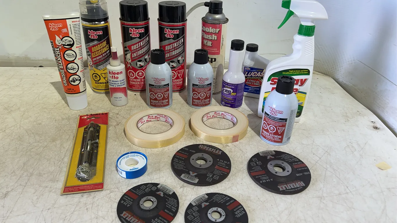 Box Of Misc. Automotive Chemicals, Grinder Discs, Tape