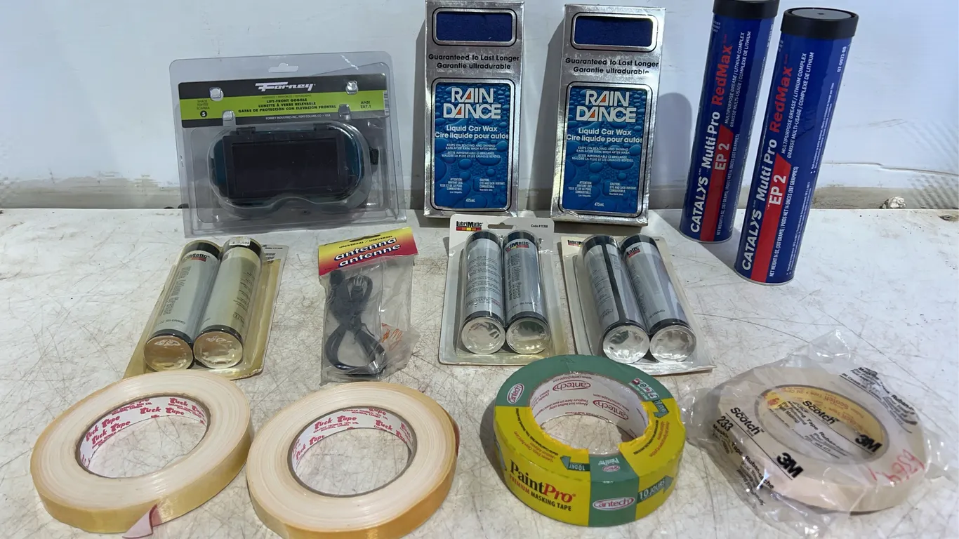 Box Of Misc. Tape, Wax, Goggles, Antenna