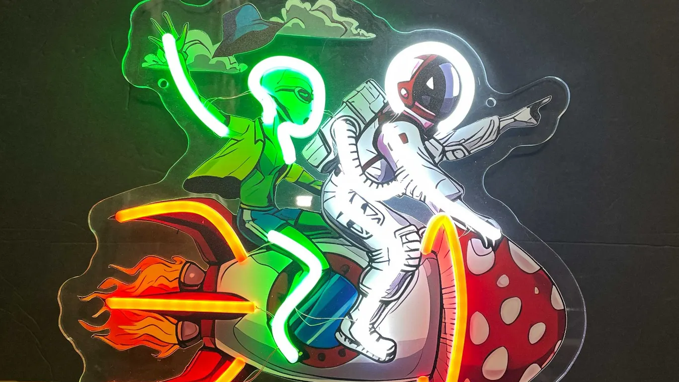 Astronaut and Alien Riding a Mushroom Rocket LED Neon Style Light (T5)