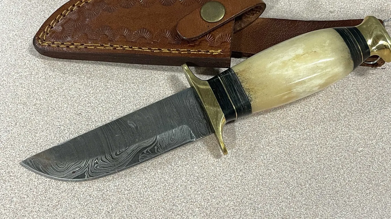 Damascus Steel Knife with Bone Handle and Sheath (T3)