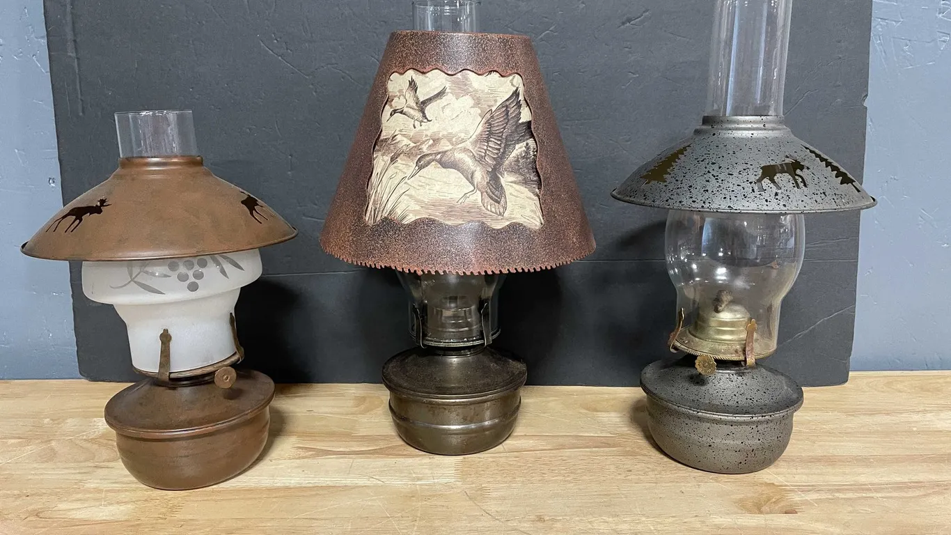 Vintage Moose and Pine Tree Cutout Hurricane Lamps with Duck Shade (T5)