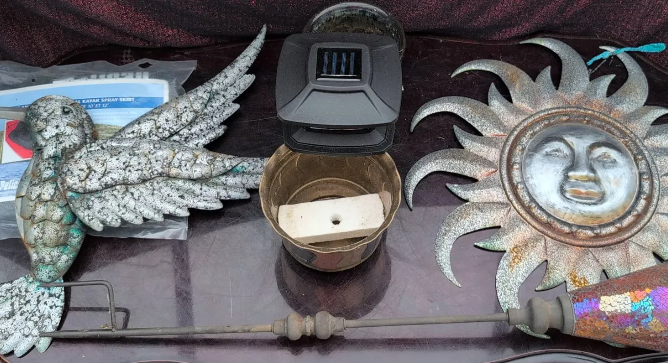 Outdoor Garden Décor Lot: Metal Sun, Hummingbird, Solar Lights, Planters, Watering Can