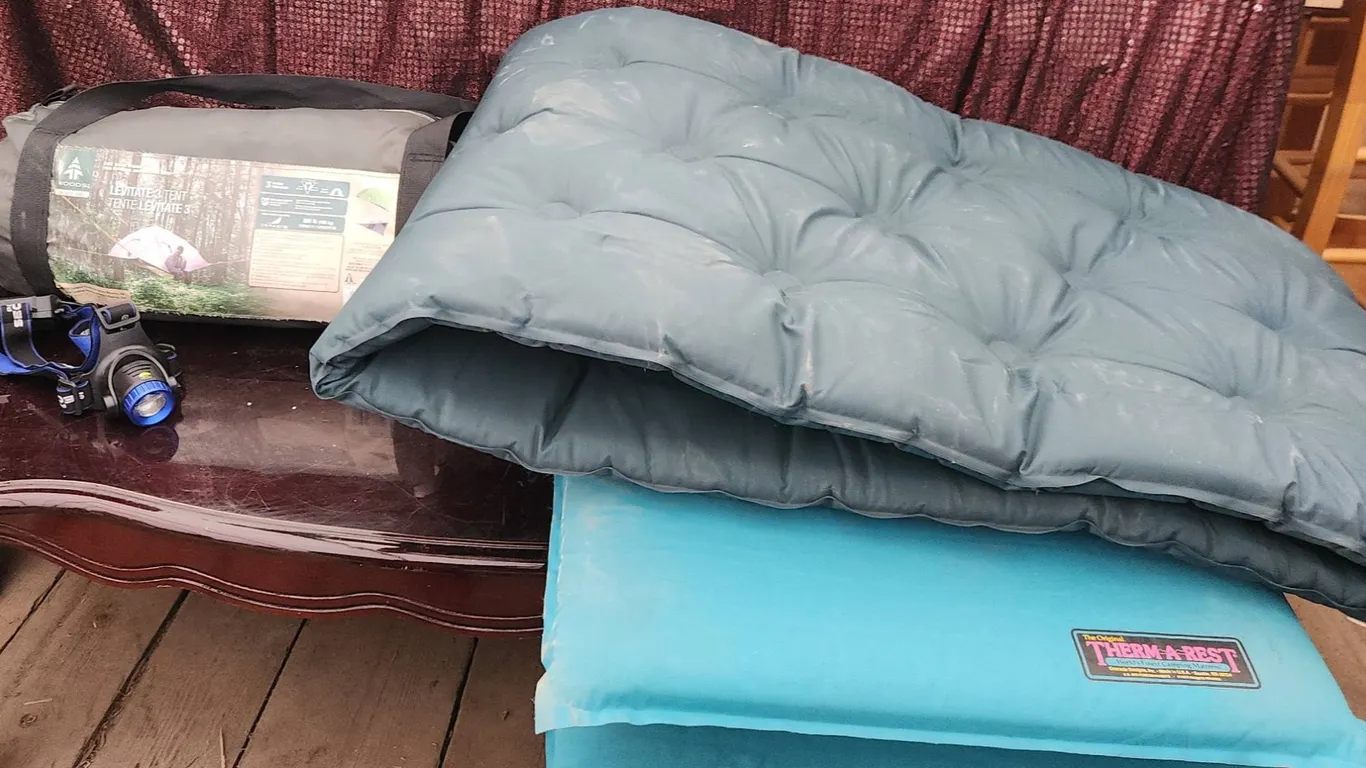 Woods Levitate 3 Tent, World Famous Mat, Therm-a-Rest Mat, Headlamp