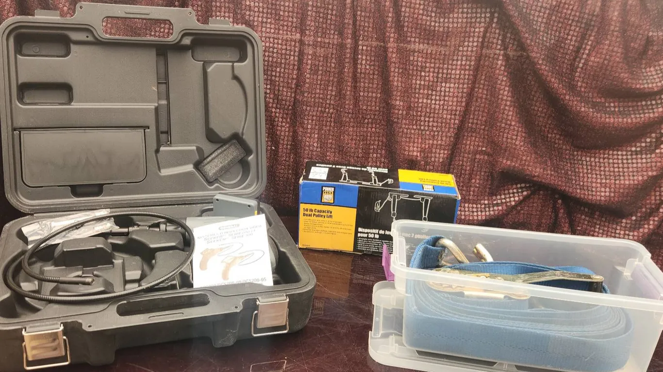General DCS300-09 Inspection Camera, Power Fist Pulley Lift, and Ratchet Strap Set