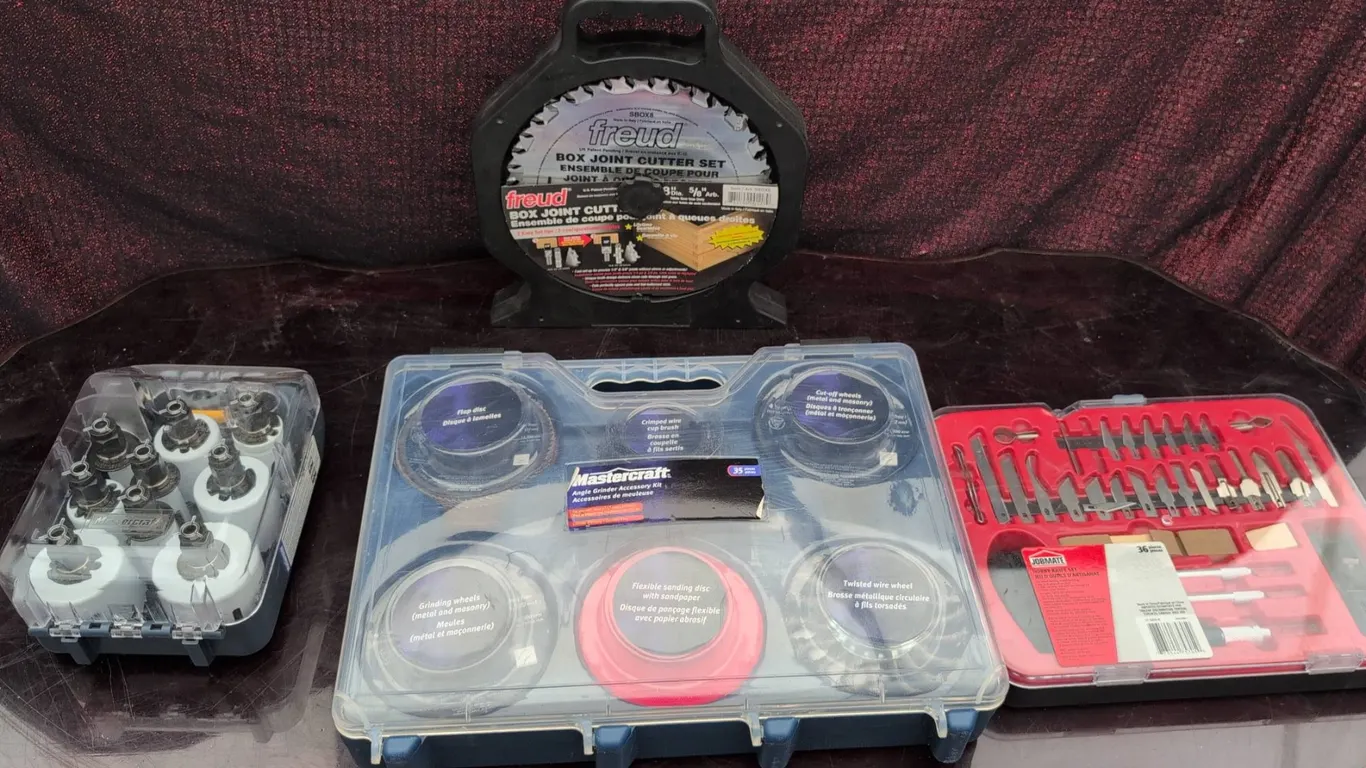 Freud Box Joint Cutter, Mastercraft Angle Grinder Kit, Hole Saw Kit, Jobmate Knife Set