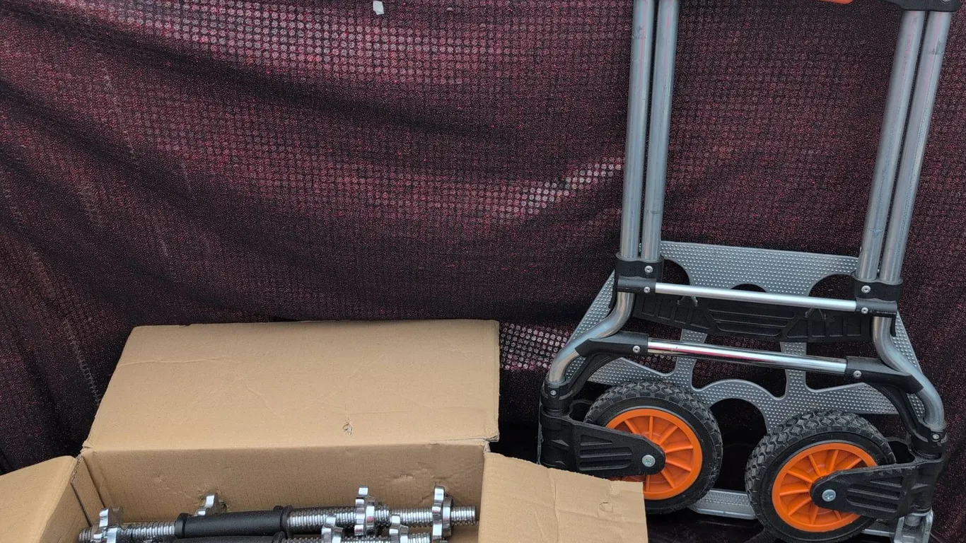 Kubota Folding Hand Truck and Box of Dumbbell Bars