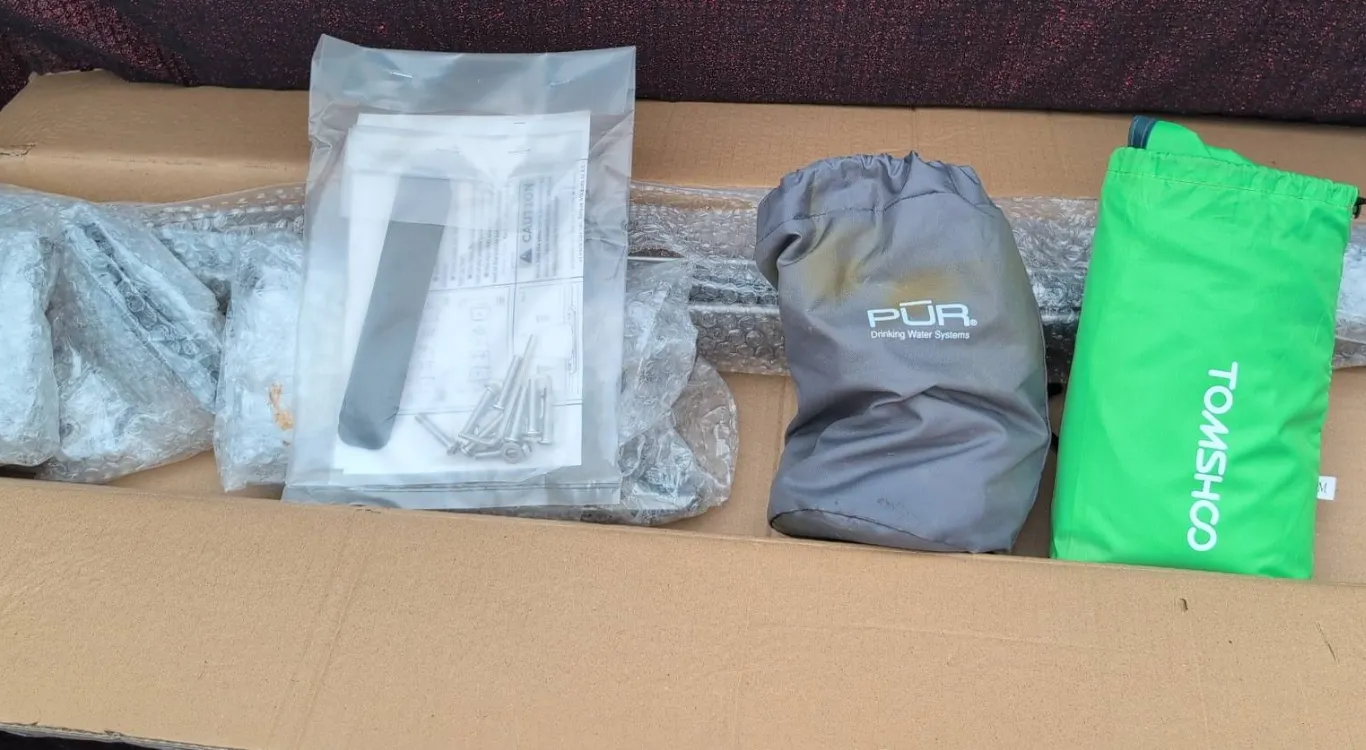 Car Cross Bar, TOMSHOO Green Tarp, PUR Drinking Water Filter With Attachments Included