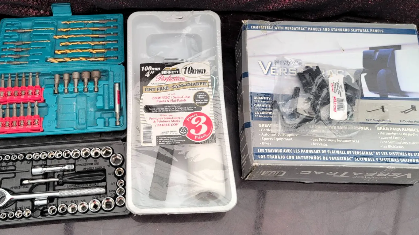 Tool Lot: Drill & Socket Set, NewAge VersaTrac Hooks, Bennett Paint Rollers