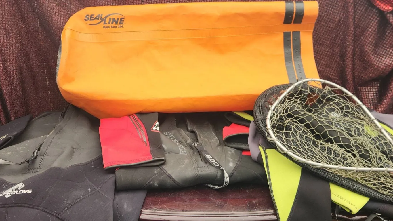 Body Glove Wetsuits, Fishing Nets, and SealLine Dry Bag Lot