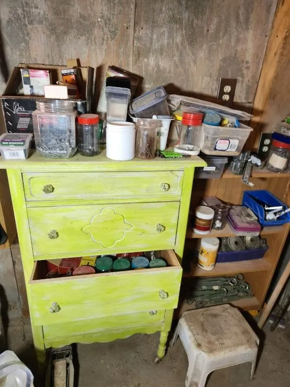Green Chest of Drawers, Shelf, & Contents