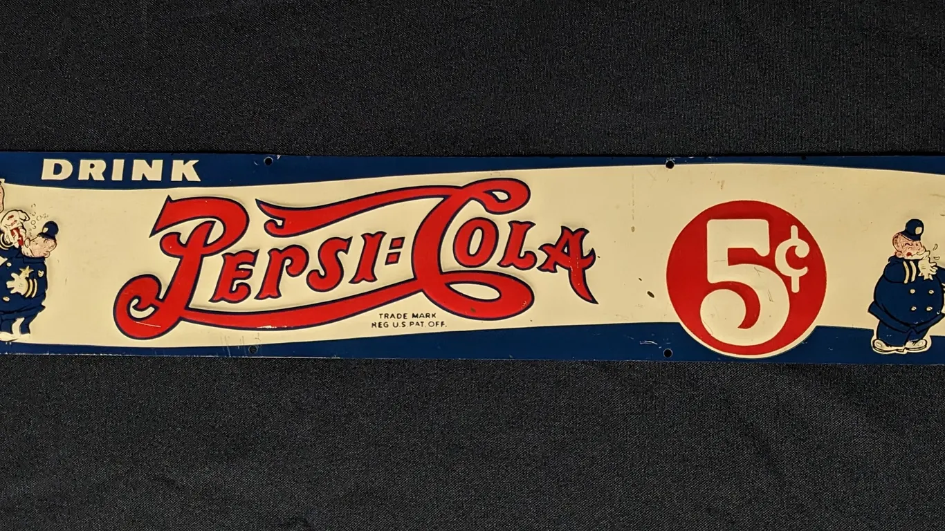 RARE ORIGINAL 1940 EMBOSSED TIN SIGN DRINK PEPSI COLA 5¢ PEPSI & PETE POLICEMAN