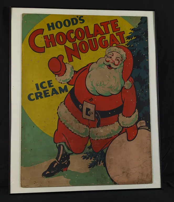 LARGE CARDSTOCK SIGN HOOD'S CHOCOLATE NOUGAT ICE CREAM SANTA CLAUS CHRISTMAS HOLIDAY