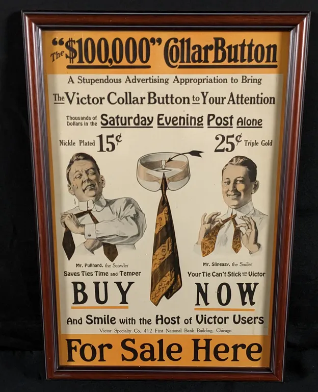 VINTAGE CARDSTOCK SIGN THE "$100,000" COLLAR BUTTON FOR SALE HERE VICTOR SPECIALTY CHICAGO ILLINOIS