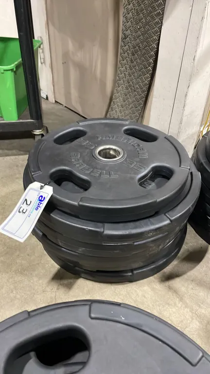 6 AMERICAN BARBELL COMMERCIAL EXERCISE RUBBER OLYMPIC PLATES 5-45LB & 1-35LB