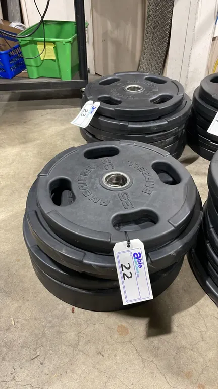 5 AMERICAN BARBELL COMMERCIAL EXERCISE RUBBER PLATES 4-45LB & 1-35LB