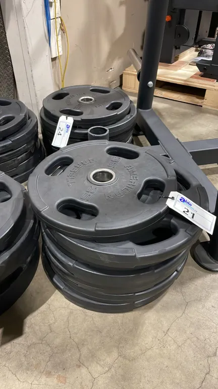 7 AMERICAN BARBELL COMMERCIAL EXERCISE RUBBER OLYMPIC PLATES 6-45LB & 1-35LB