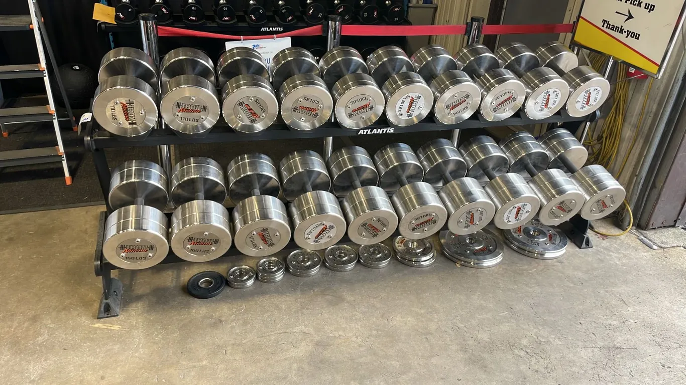 ATLANTIS STRENGTH S-187 COMMERCIAL 10 PAIR DUMBBELL RACK WITH IRON NATION STAINLESS STEEL DUMBBELL