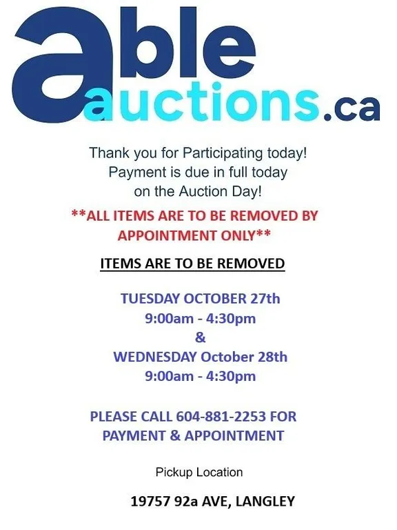 Removal is by appointment only. Tues Oct 27 9am-4:30pm & Wed Oct 28 9am-4:30pm