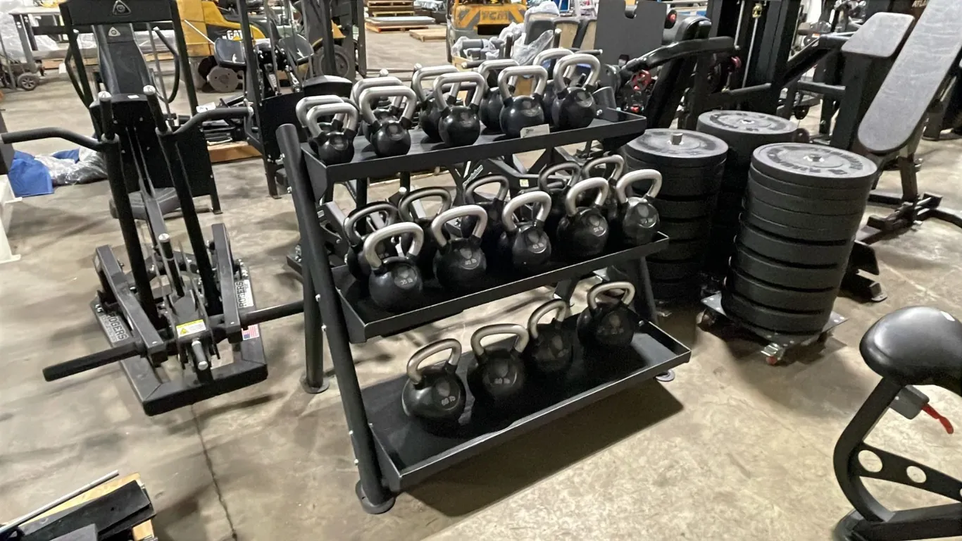 3 TIER HEAVY DUTY METAL RACK WITH AMERICAN BARBELL KETTLEBELLS- ASSORTED WEIGHTS (10LB-65LB)