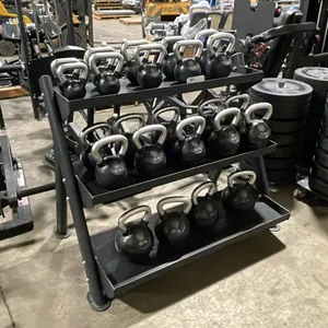 3 TIER HEAVY DUTY METAL RACK WITH AMERICAN BARBELL KETTLEBELLS- ASSORTED WEIGHTS (10LB-65LB)