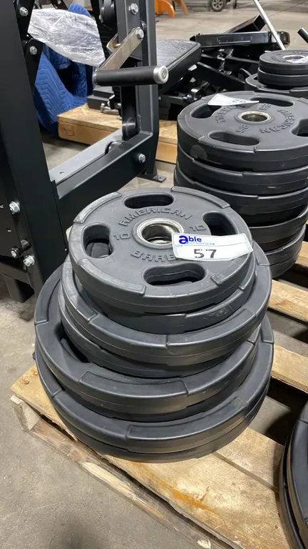 8 AMERICAN BARBELL COMMERCIAL EXERCISE RUBBER OLYMPIC PLATES 2-45LB, 2-35LB, 2-25LB & 2-10LB